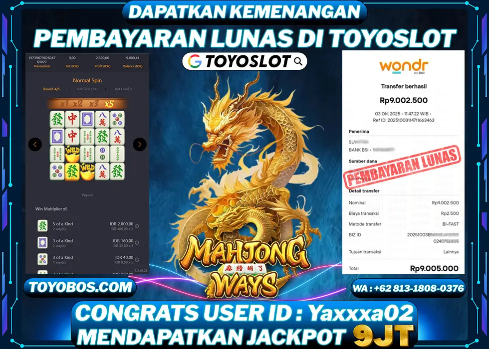TOYOSLOT - BUKTI KEMENANGAN Mahjong Ways Rp9,005,000,- LUNAS